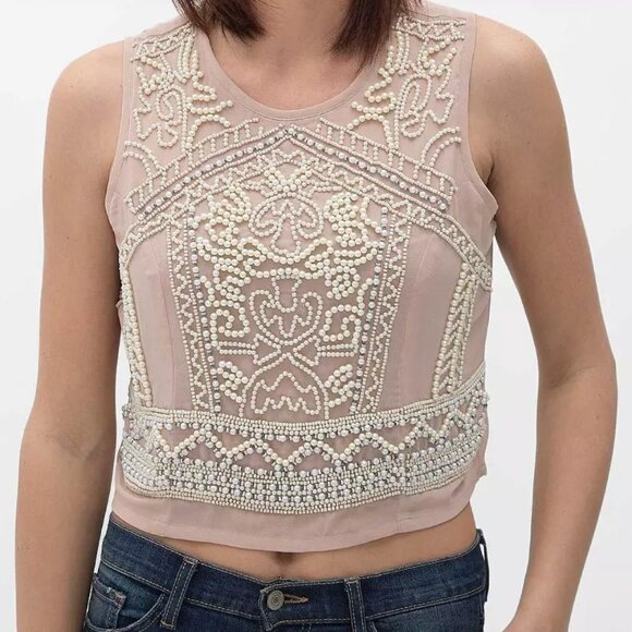 Elegant Vintage-Inspired Beaded Cropped Tank Top – Blush (Size L) - Picture 3 of 4